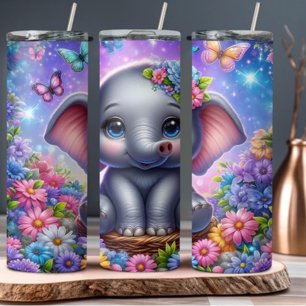 Colorful Elephant Tumbler with Floral and Butterfly Design
